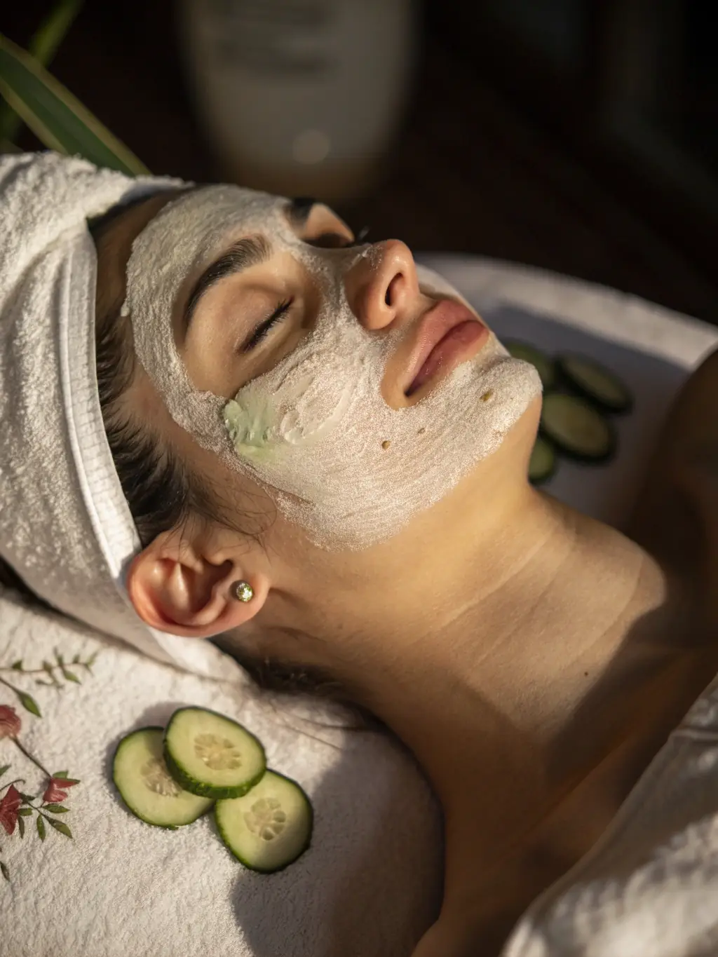 Close-up of a woman's serene face during a mini facial, soft lighting, emphasizing relaxation and gentle skincare.